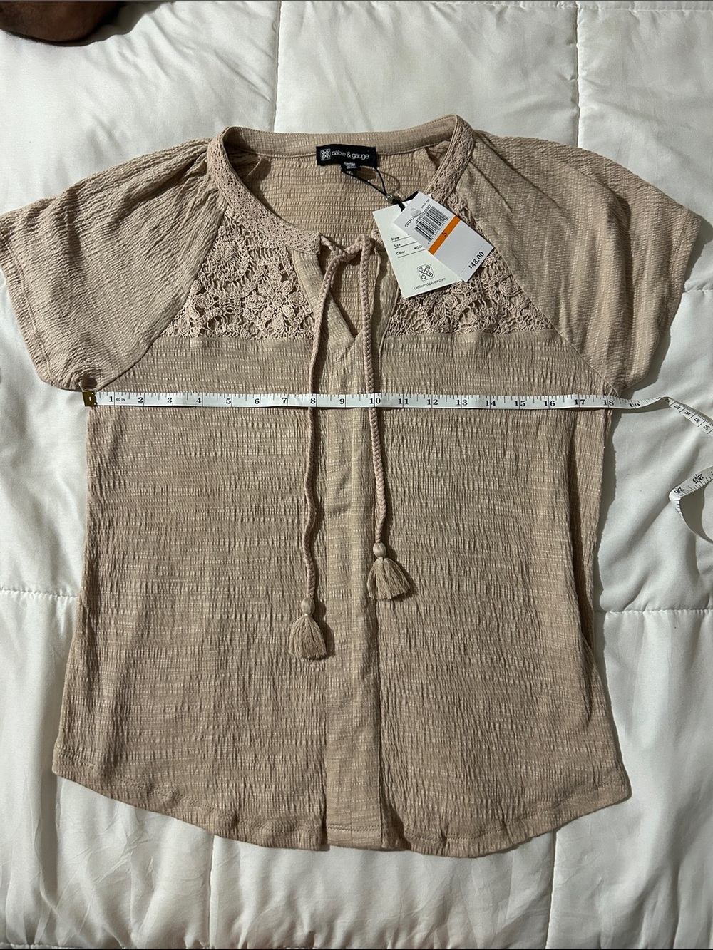 Cable & Gauge Beige Tie-Front Crochet Yoke Short Sleeve Blouse